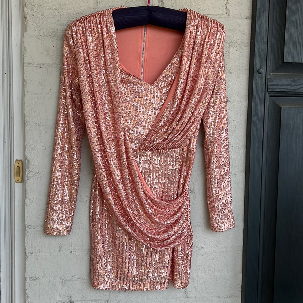 Nasty Gal (S) pink draped V neck sequin mini dress